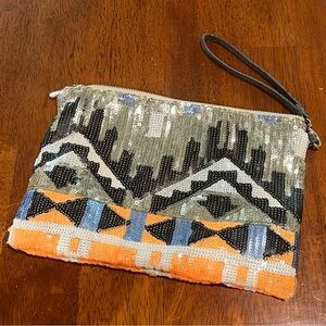 Sequin Beaded Clutch‎ Geometric Tribal Wristlet Bag Handbag with Strap